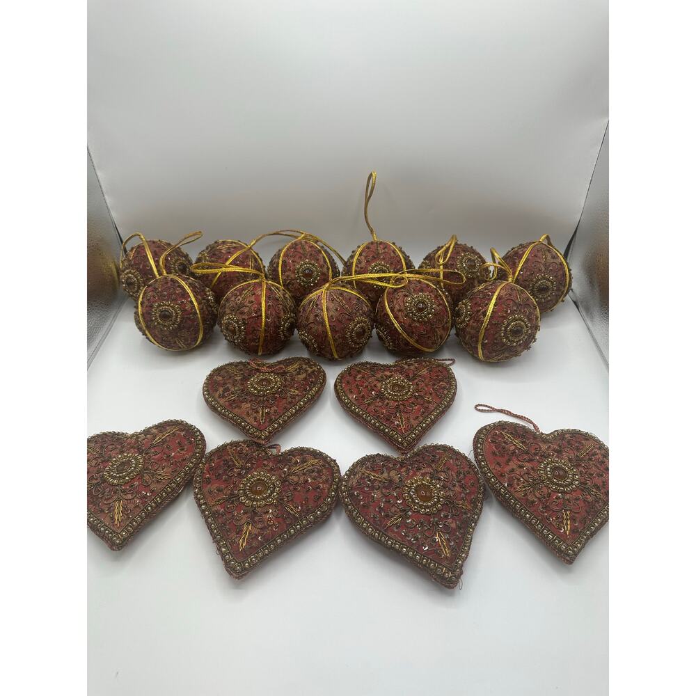 Hand Embroidered Zardozi Christmas Ornaments Maroon Brocade Gold Set of 17 EUC